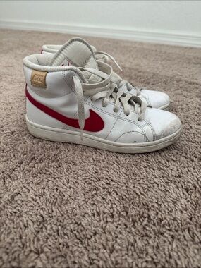 Nike Kids White High-Top Sneakers with Red Swoosh and Tan Heel Tab